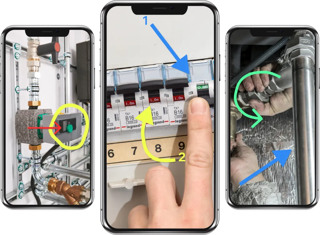 Three phone views with coloured markers on a heating pump, a fuse box and a pipe fitting