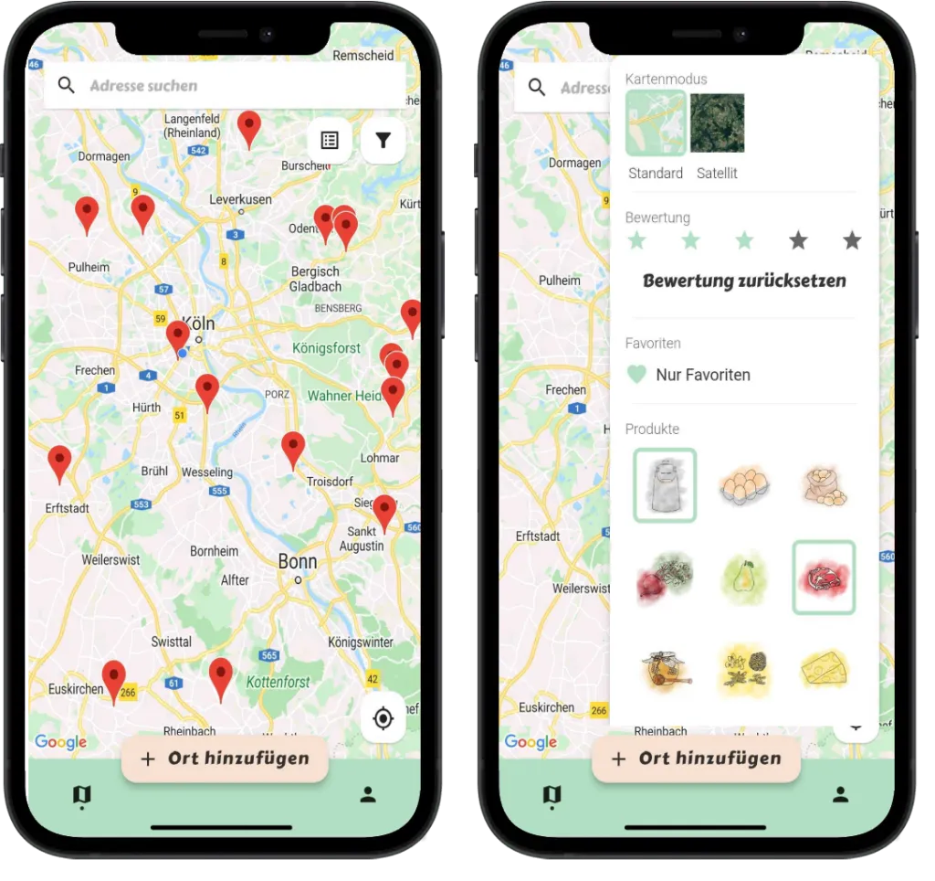 Two app views: a map of the Rhineland with local producers, and a filter by rating, favourites and product type