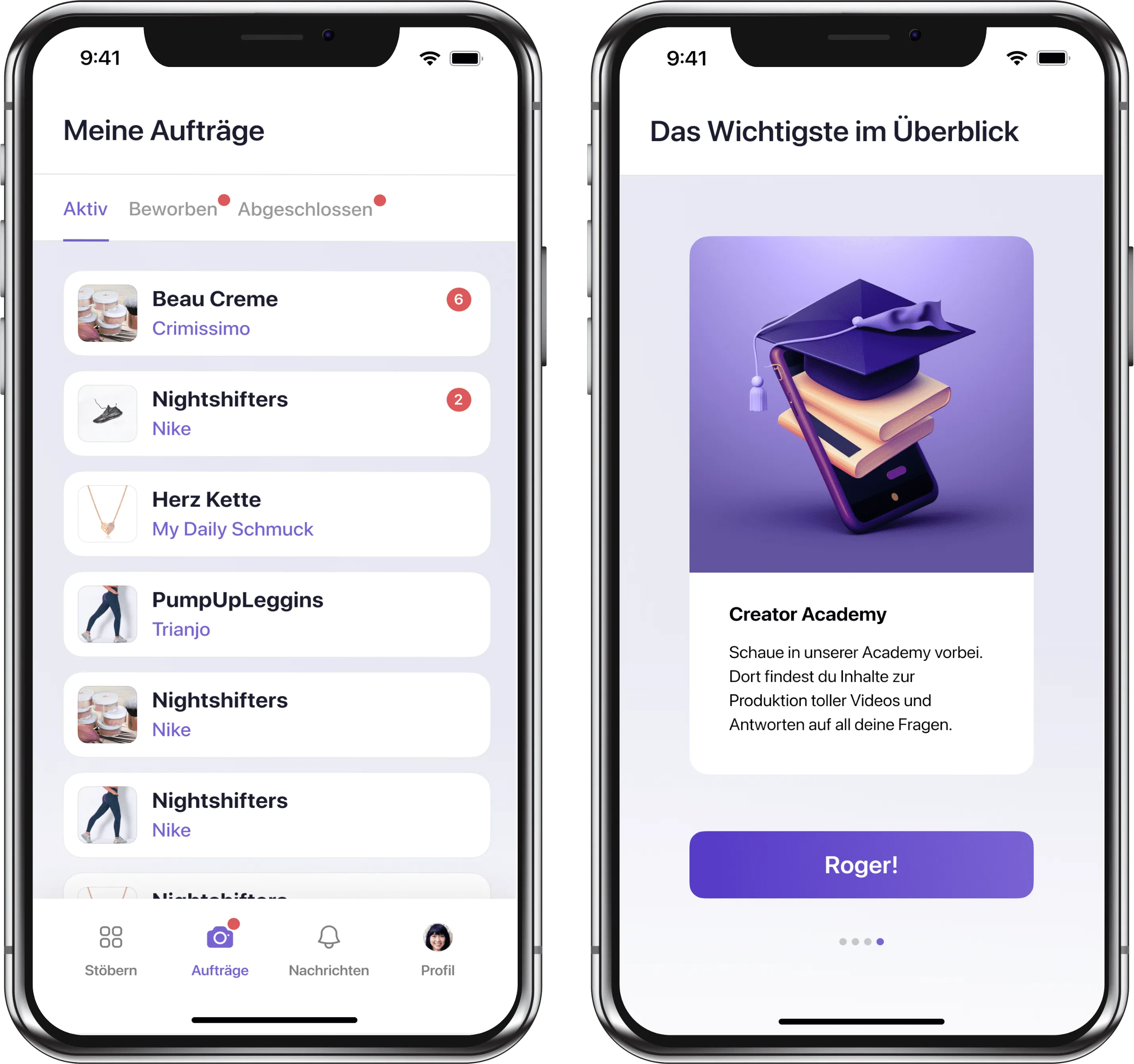 Two app views: your own jobs sorted by status, and an onboarding card pointing to the Creator Academy
