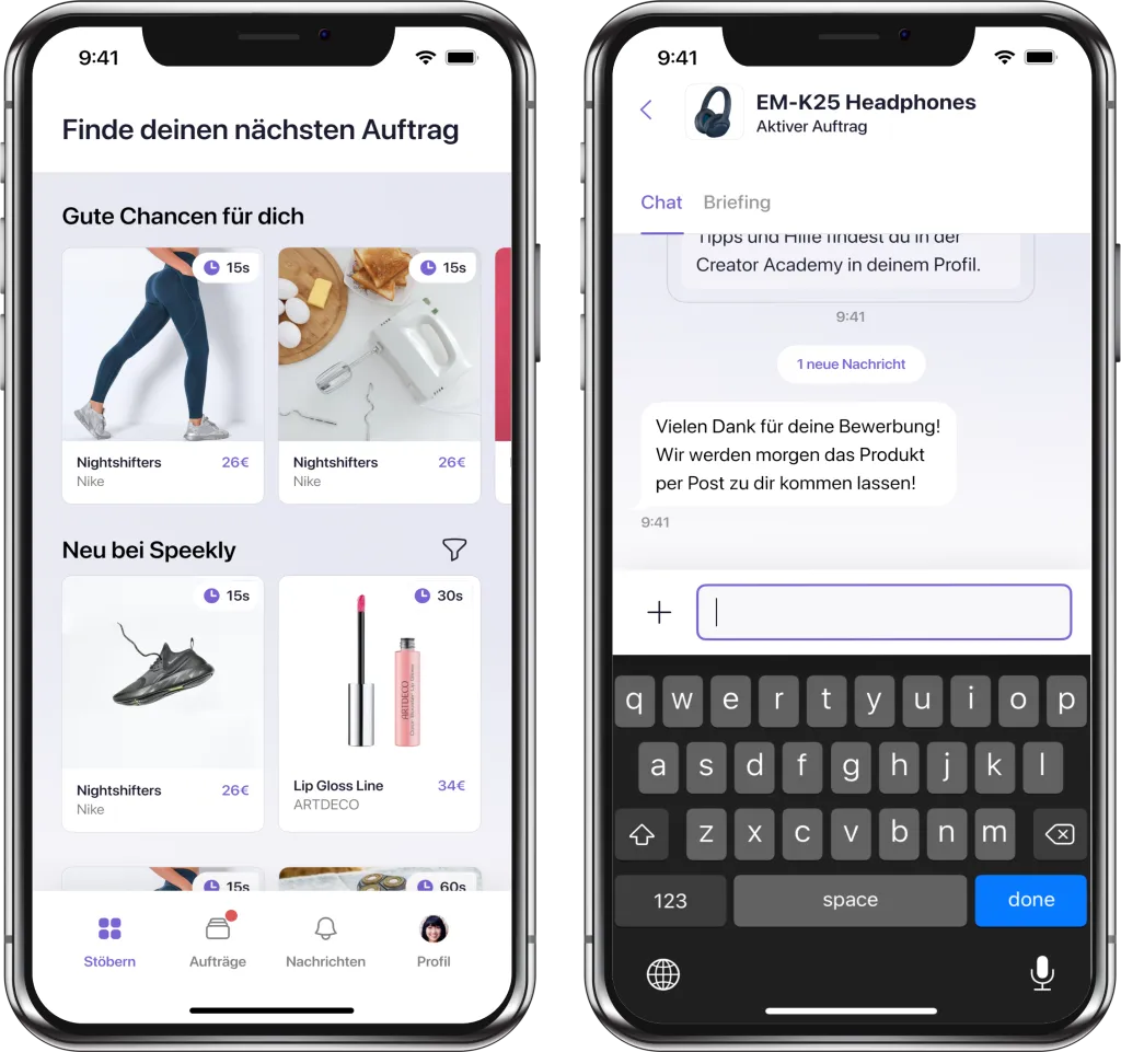 Two app views: a job overview with products and payment, and a chat between creator and brand
