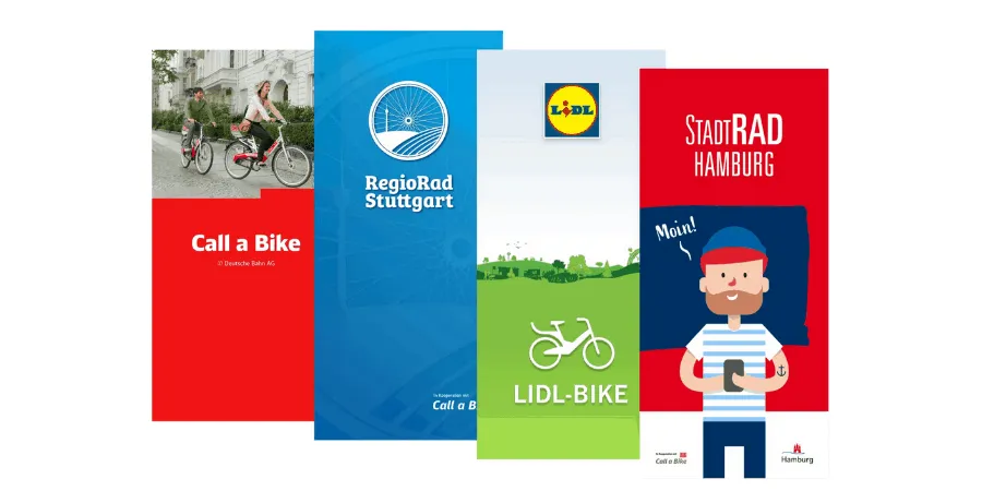 Four start screens of the same bike-sharing app in four brands: Call a Bike, RegioRad Stuttgart, Lidl-Bike and StadtRAD Hamburg