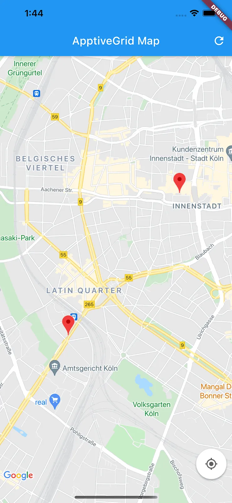 The Flutter app “ApptiveGrid Map” showing a Cologne city map with two red markers