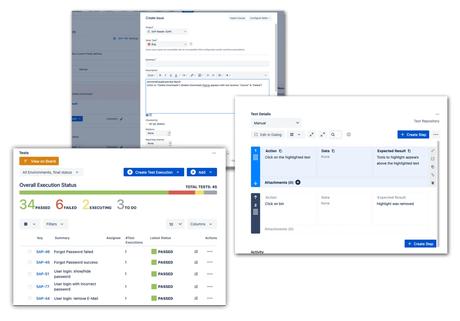 Three Xray views in Jira: creating a bug ticket, a test overview with 34 of 45 tests passed, and test steps with action and expected result