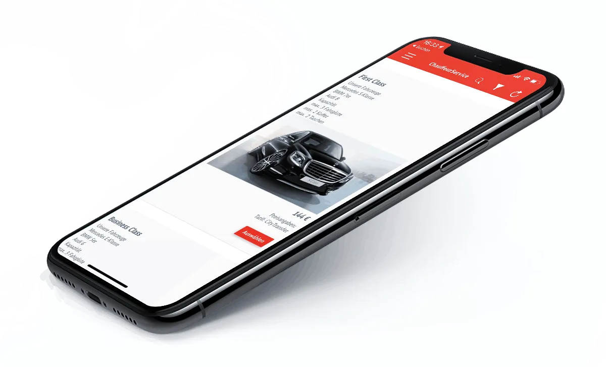 Smartphone mit der Fahrzeugauswahl der App: First Class und Business Class mit Kapazität und Preis
