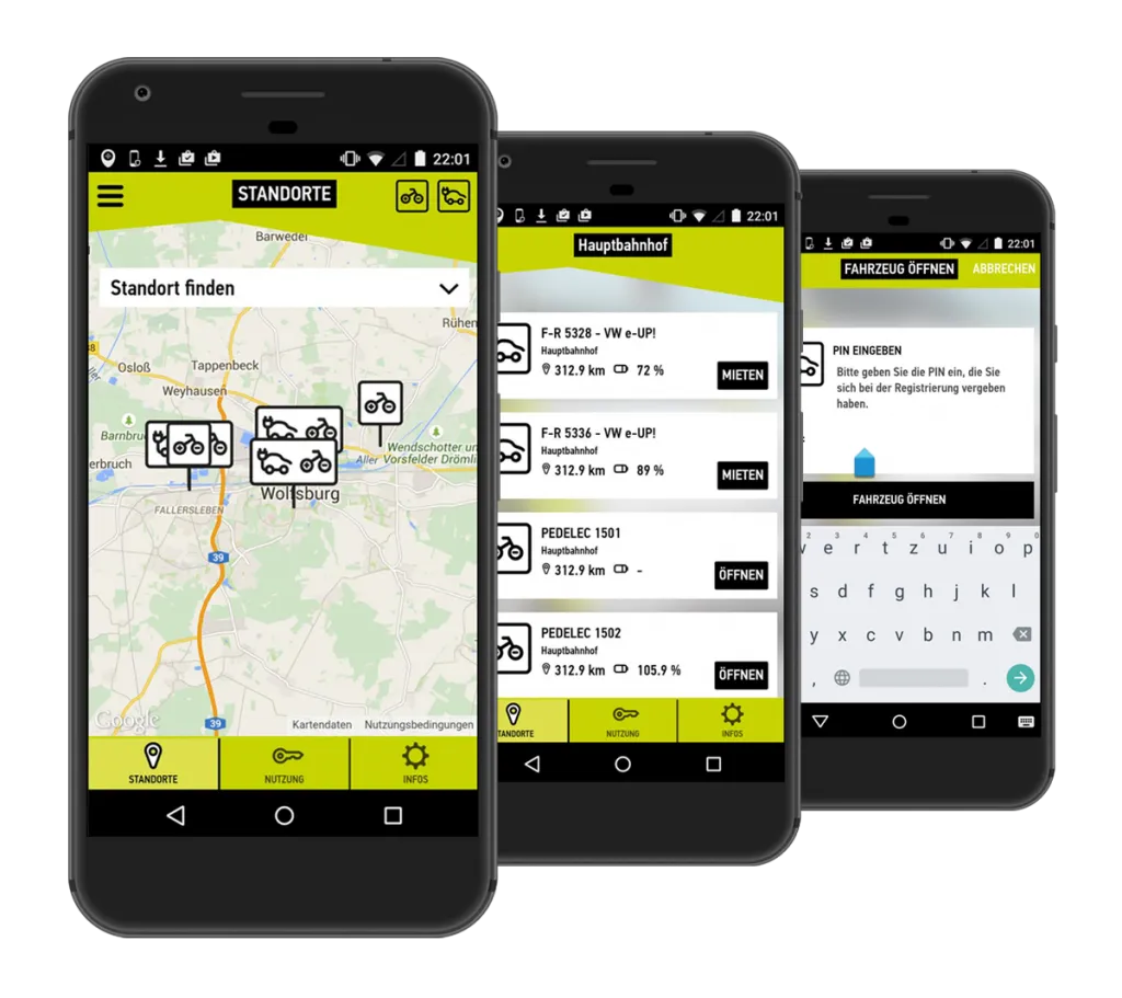 Drei Android-Ansichten: Karte mit Fahrzeugstandorten in Wolfsburg, Liste verfügbarer E-Autos und Pedelecs mit Ladestand sowie die PIN-Eingabe zum Öffnen