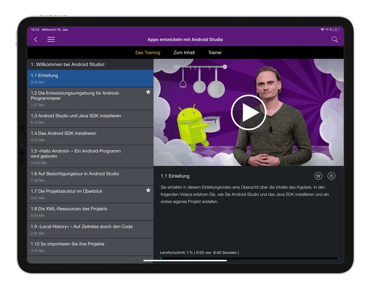 Tablet mit einem Video-Training zu Android Studio: Kapitelliste links, Videoplayer und Lernfortschritt rechts