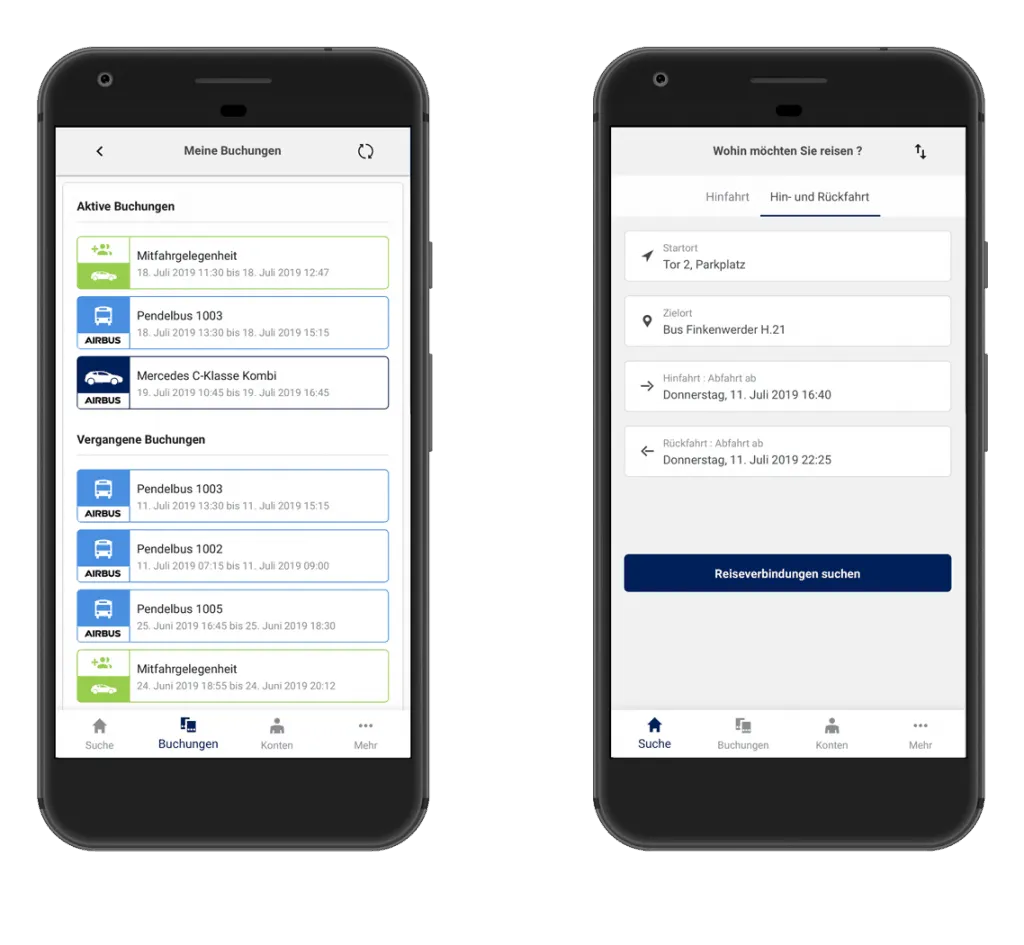 Zwei Android-Ansichten: Liste aktiver und vergangener Buchungen sowie die Suche nach Start, Ziel und Reisezeit