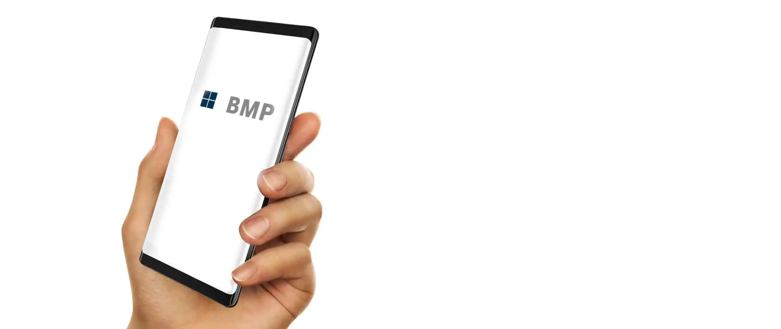 A hand holds a phone showing the BMP logo on the app's start screen