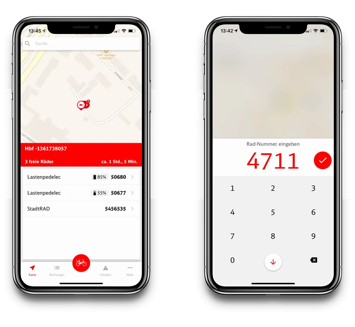 Two app views: a station with three available bikes including charge level, and entering the bike number to unlock