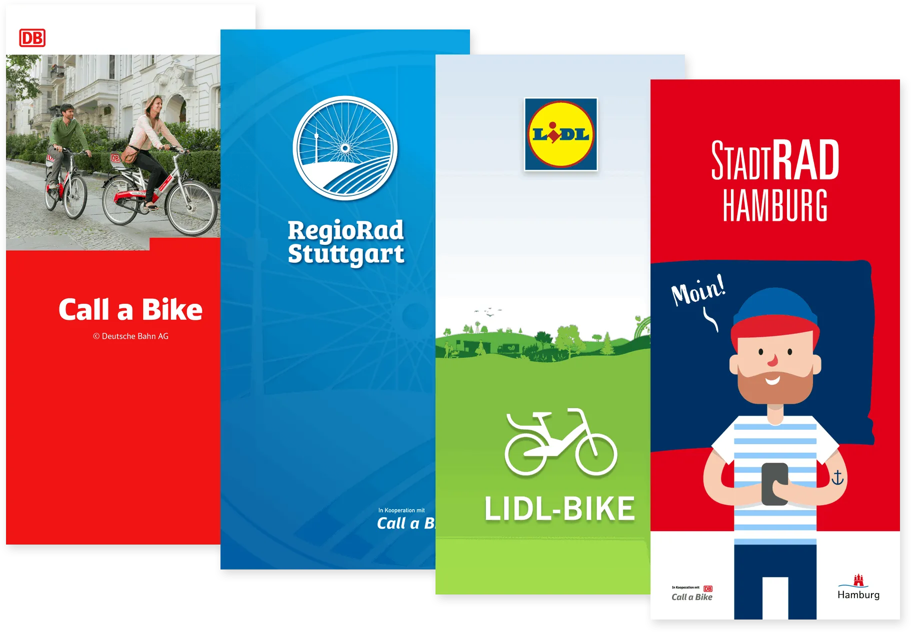 Four white-label variants of the same app: Call a Bike, RegioRad Stuttgart, Lidl-Bike and StadtRAD Hamburg