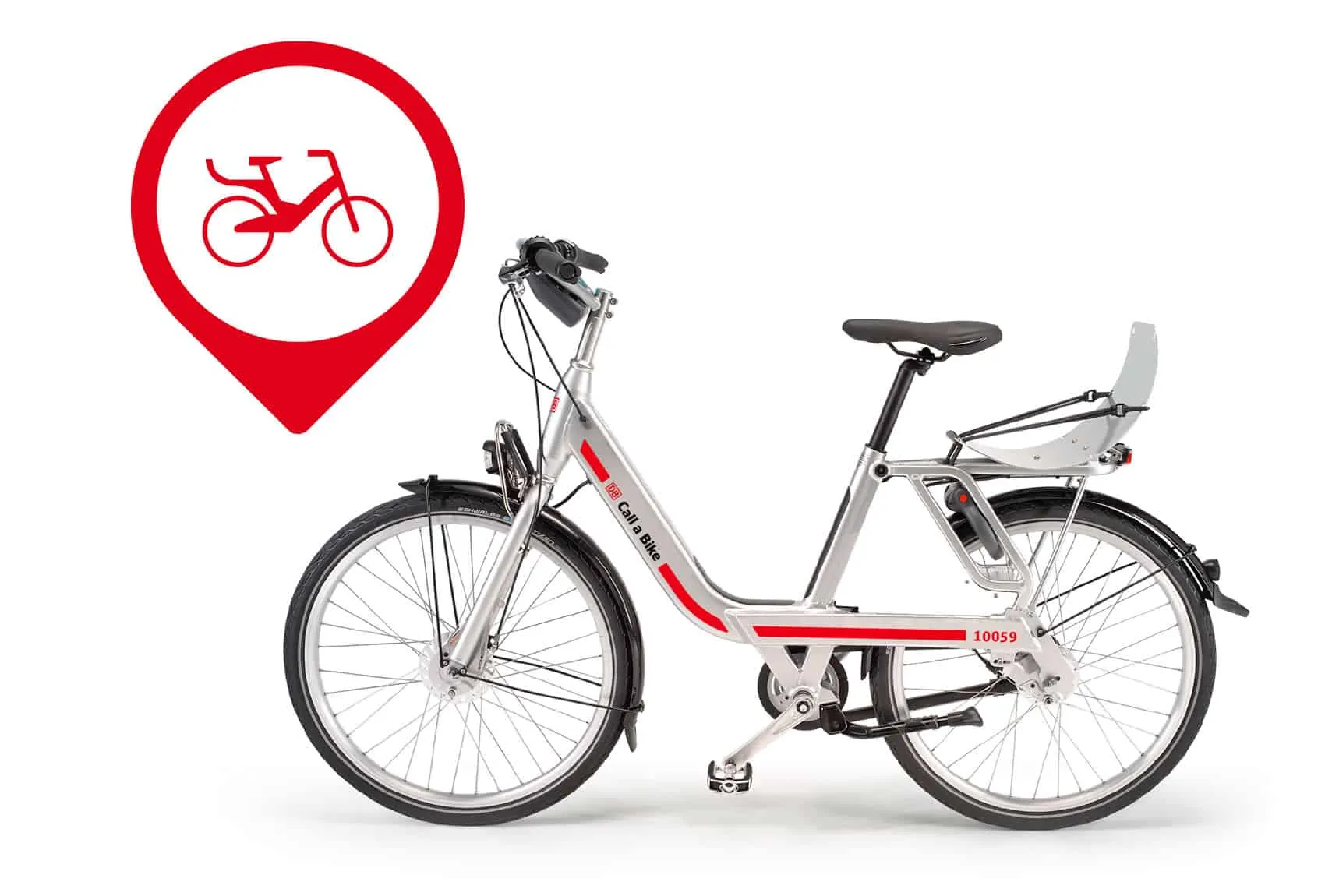 A silver Call a Bike rental bike with red number 10059 in side view, next to a map pin with a bicycle icon
