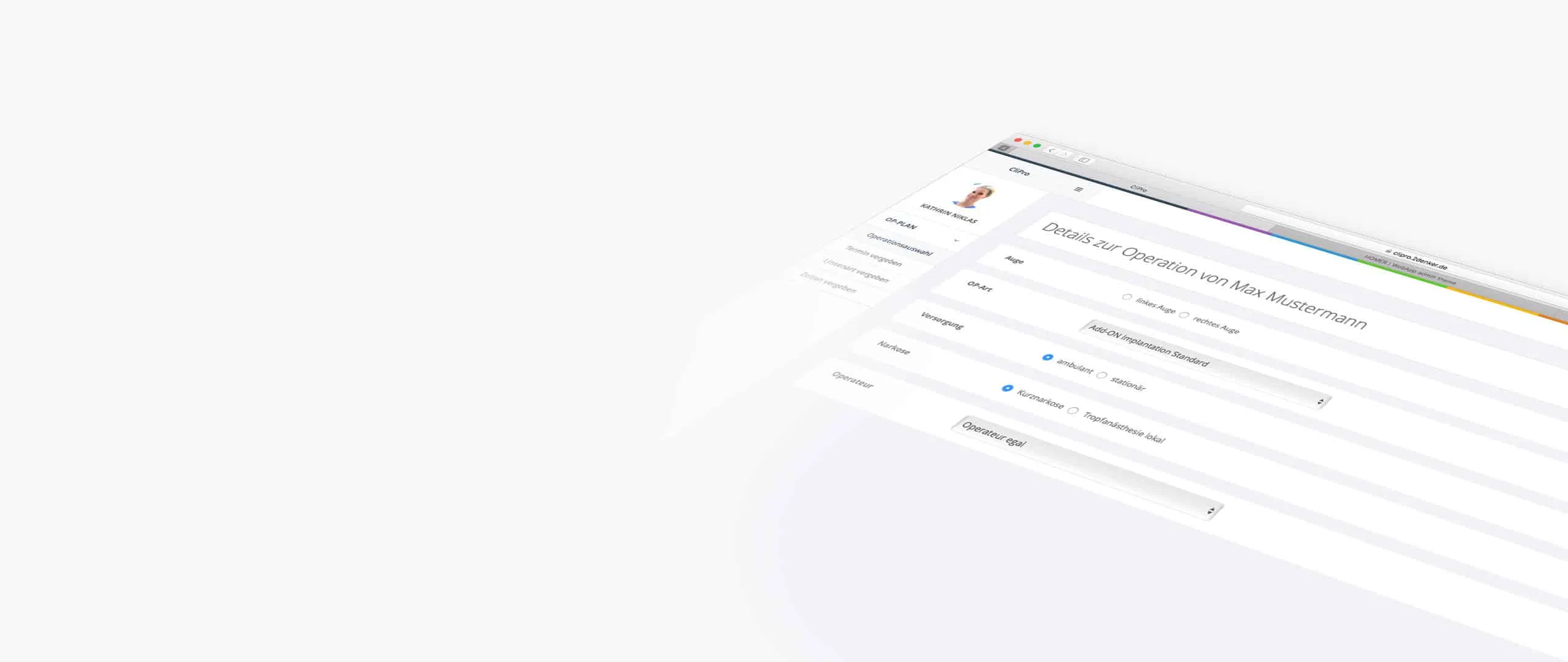 Browser window of the surgery planner: choosing eye, procedure type, care, anaesthesia and surgeon for an operation