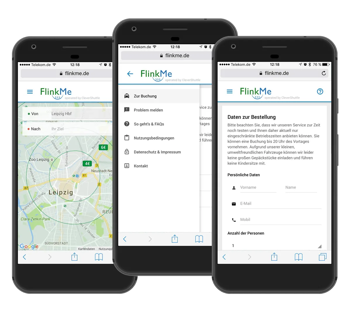 Three phone views: map booking, a menu with help and terms, and the order details form