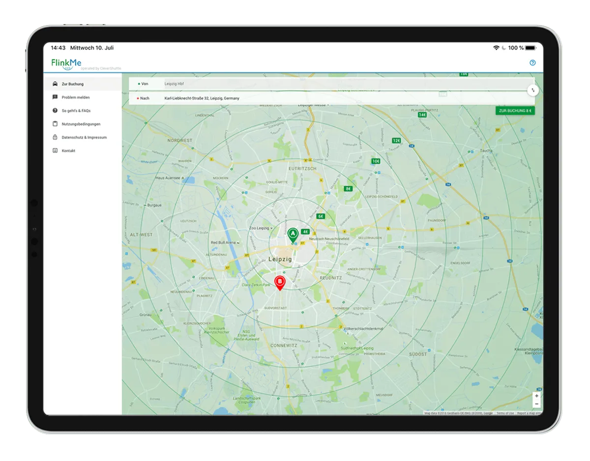 Tablet showing the FlinkMe booking view: a Leipzig map with concentric price zones from €4 to €14