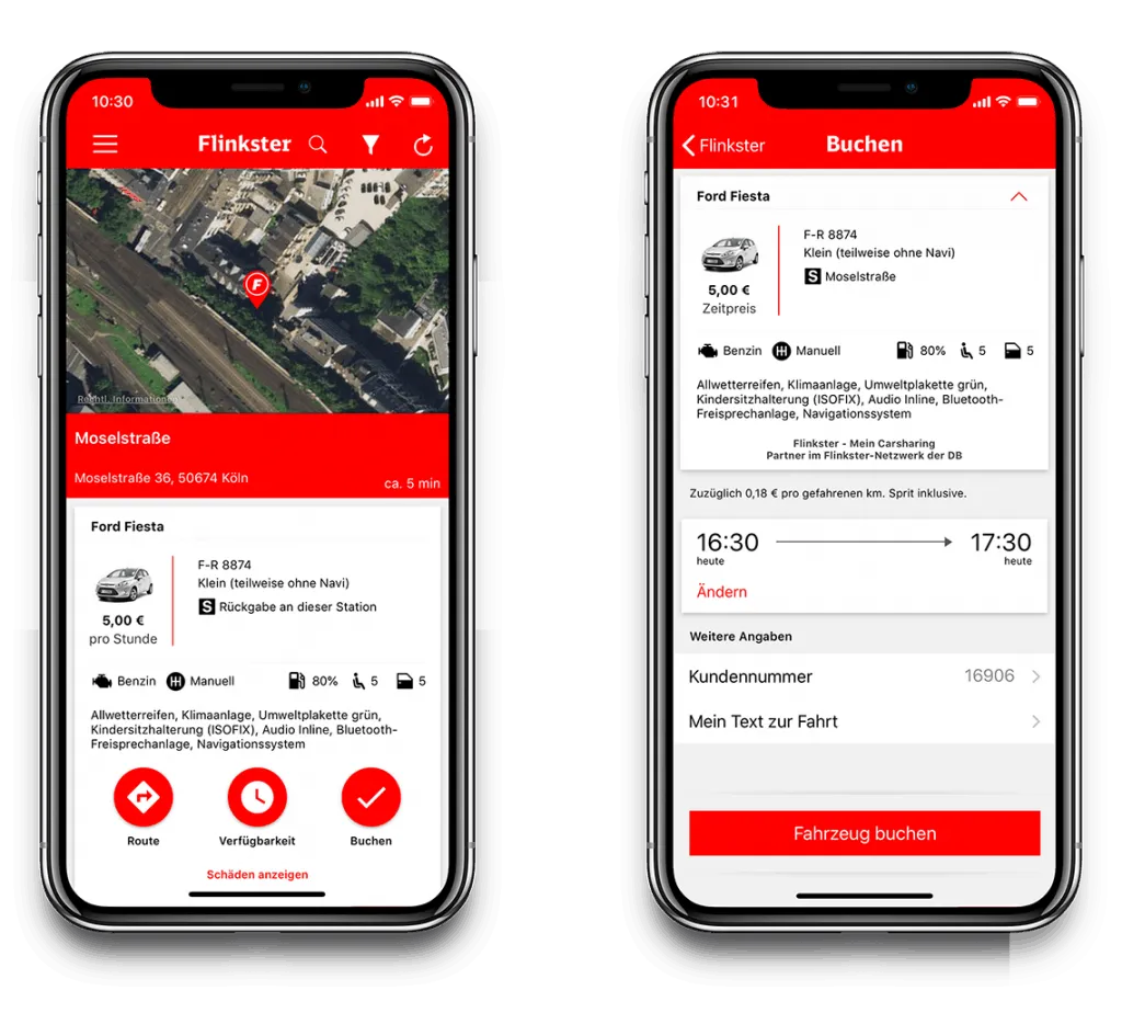 Two app views: vehicle details with features and hourly price, and the booking screen with time slot and customer number