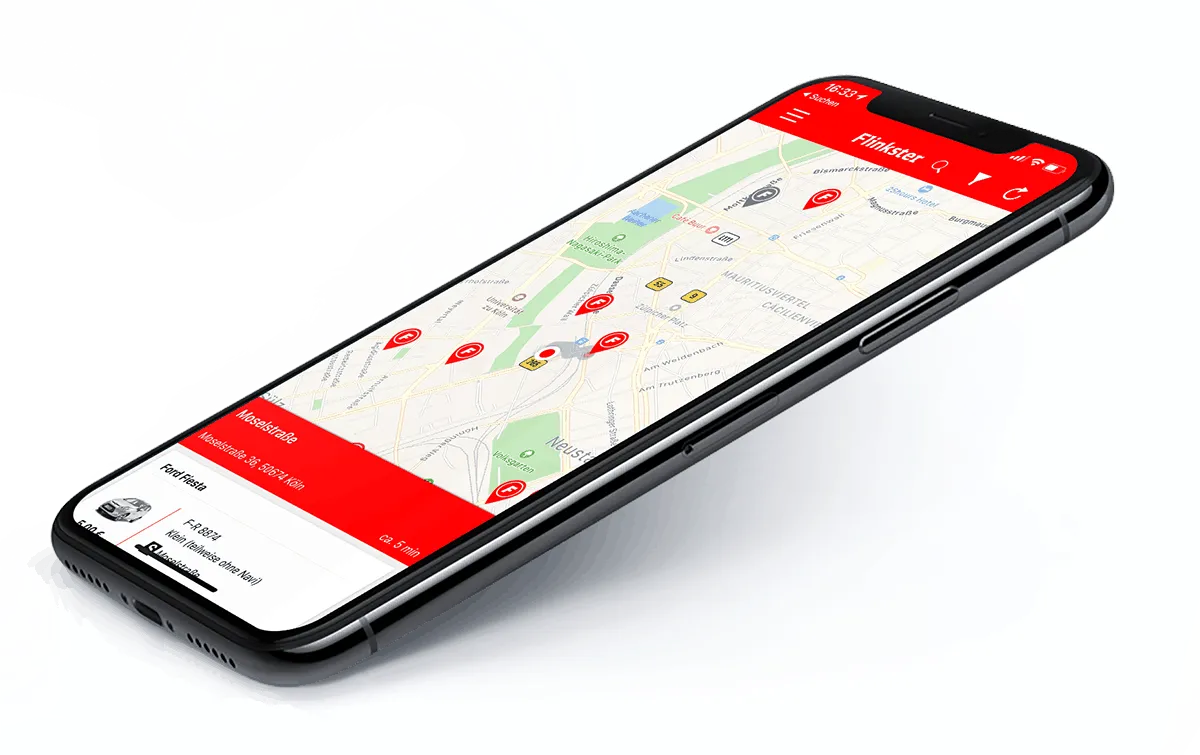Smartphone mit der Flinkster-Karte von Köln, rote Marker zeigen verfügbare Fahrzeuge, unten die Station Moselstraße mit einem Ford Fiesta