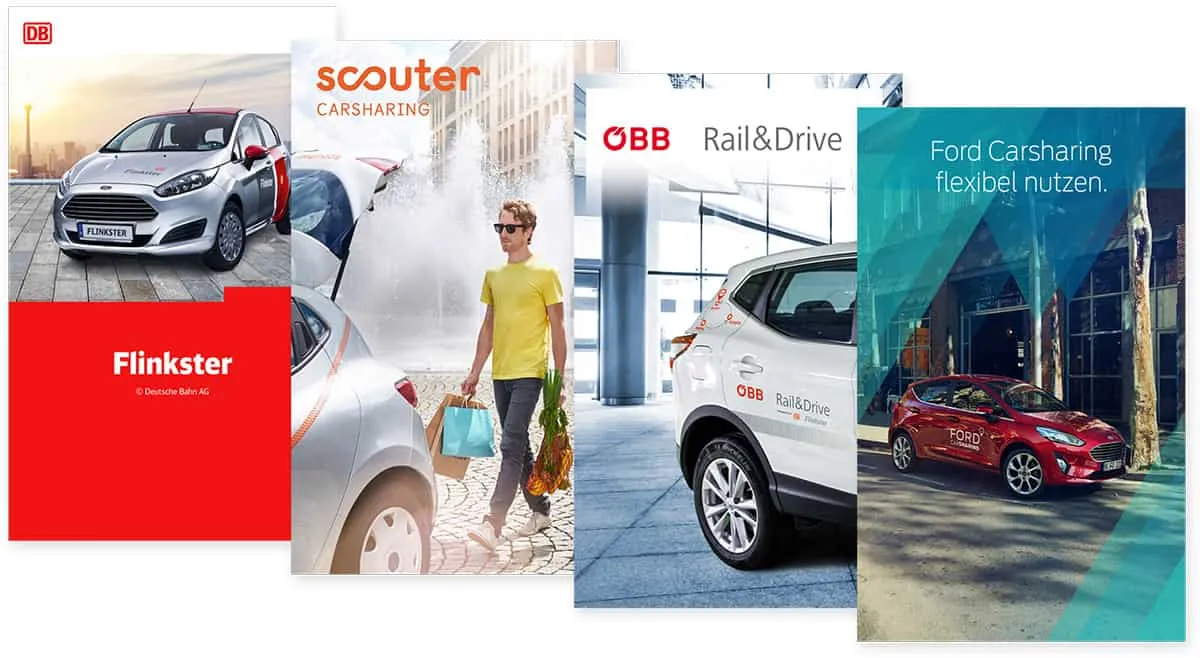 Four white-label variants of the same car-sharing service: Flinkster, Scouter, ÖBB Rail&Drive and Ford Carsharing