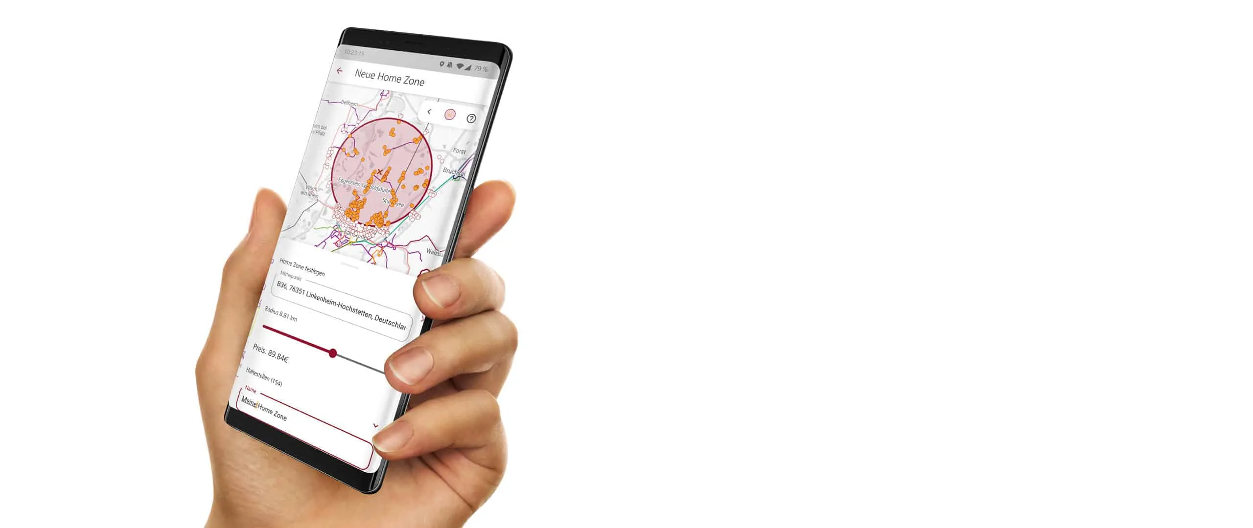 A hand holds a phone setting up a new home zone: map radius, price and the number of stops included