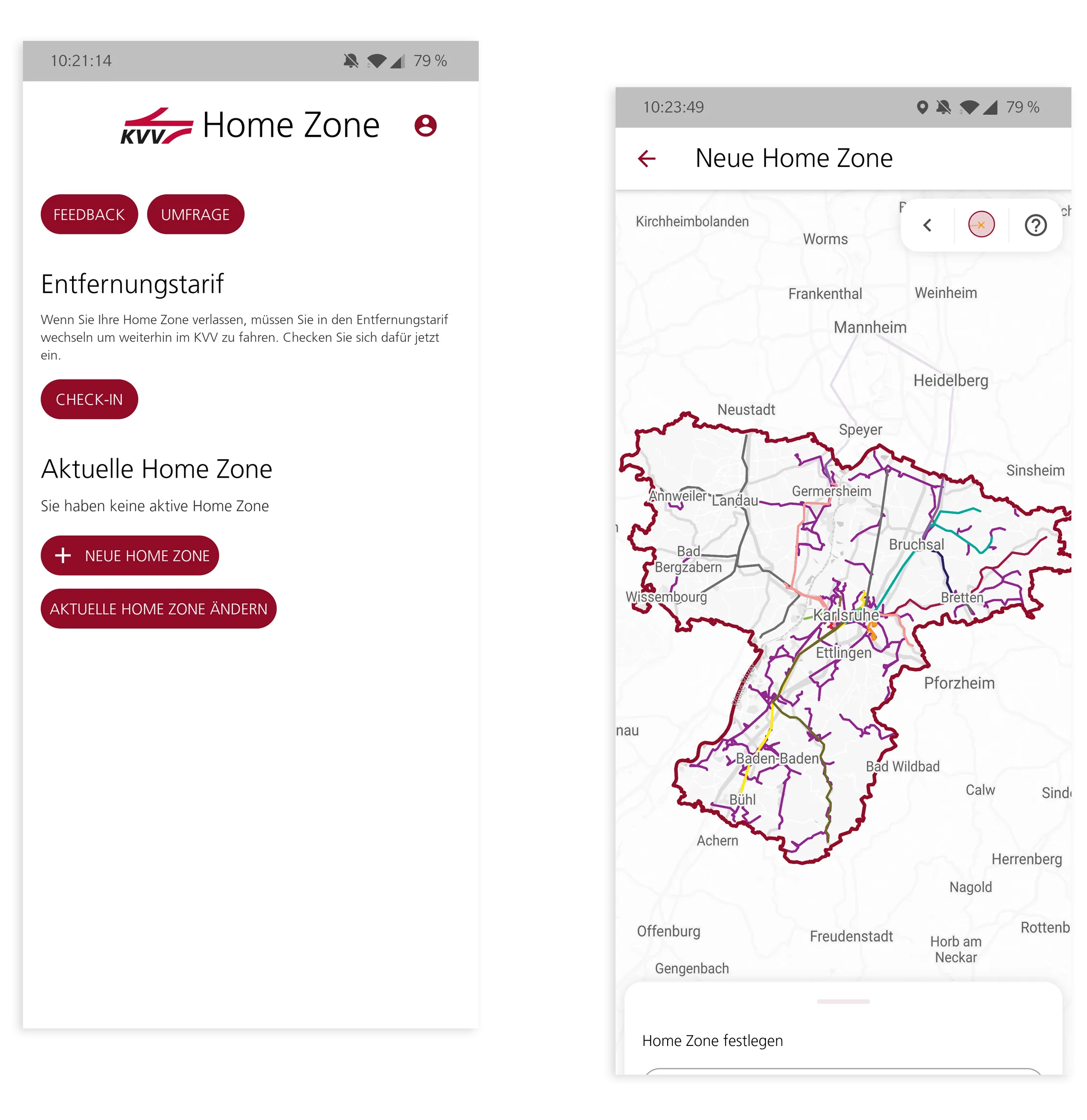 Two app views: the start screen with distance tariff and check-in, and a map of the KVV network area with its lines