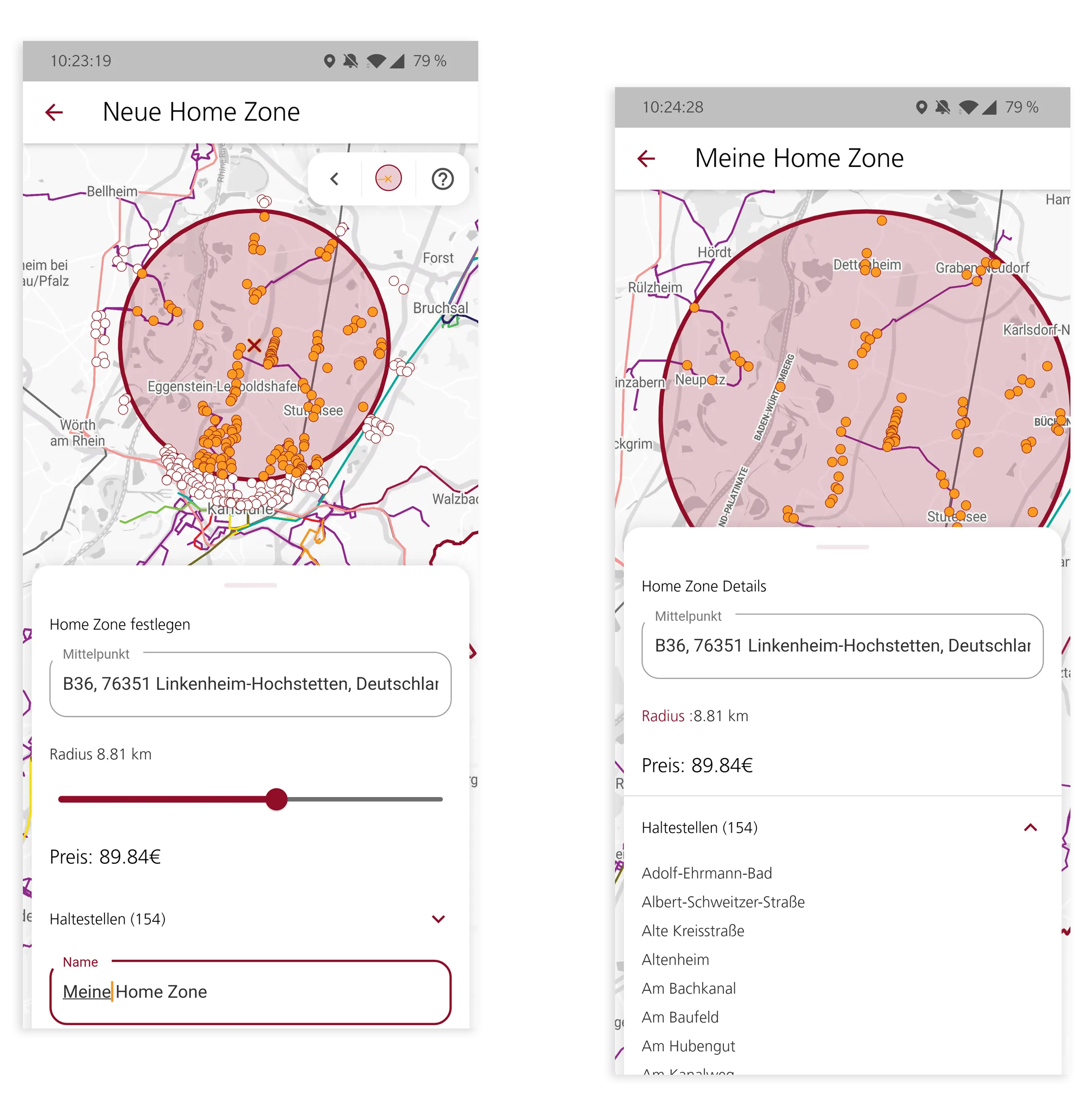 Two app views for defining a home zone: radius by slider, the resulting price, and a list of the 154 stops included