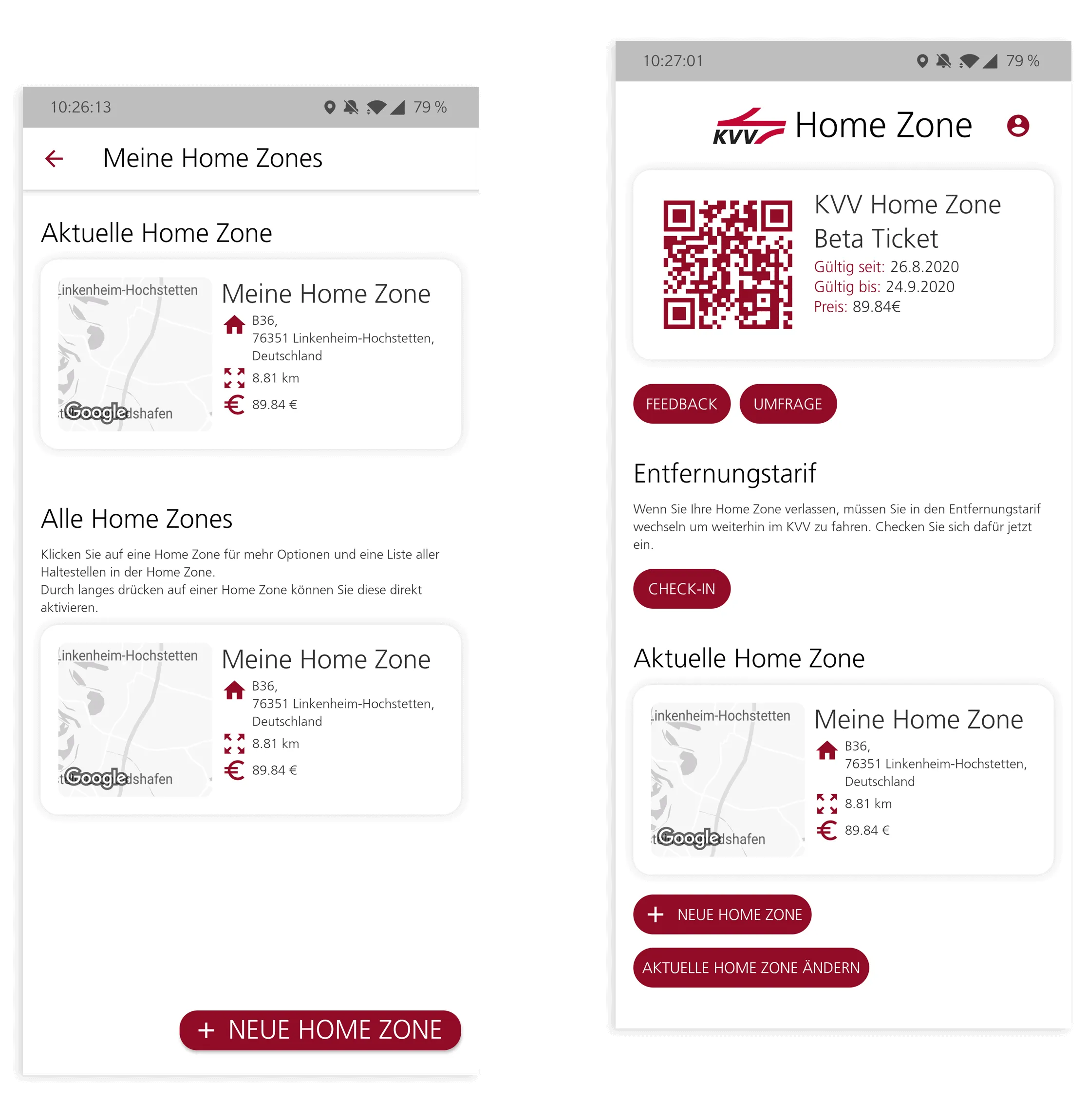 Two app views: an overview of saved home zones, and the beta ticket as a QR code with validity and price