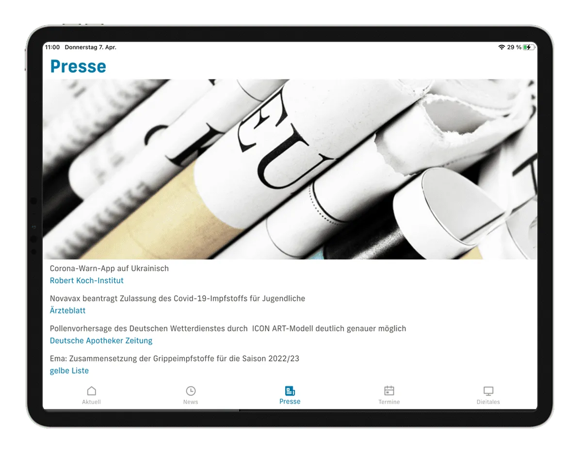 Tablet showing the press section: items from the Robert Koch Institute, Ärzteblatt and other specialist sources