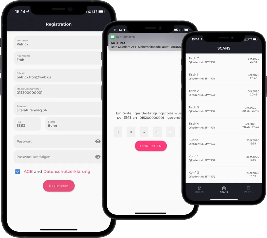 Drei App-Ansichten: Registrierungsformular, SMS-Bestätigungscode und eine Liste erfasster Scans mit Tisch und Uhrzeit