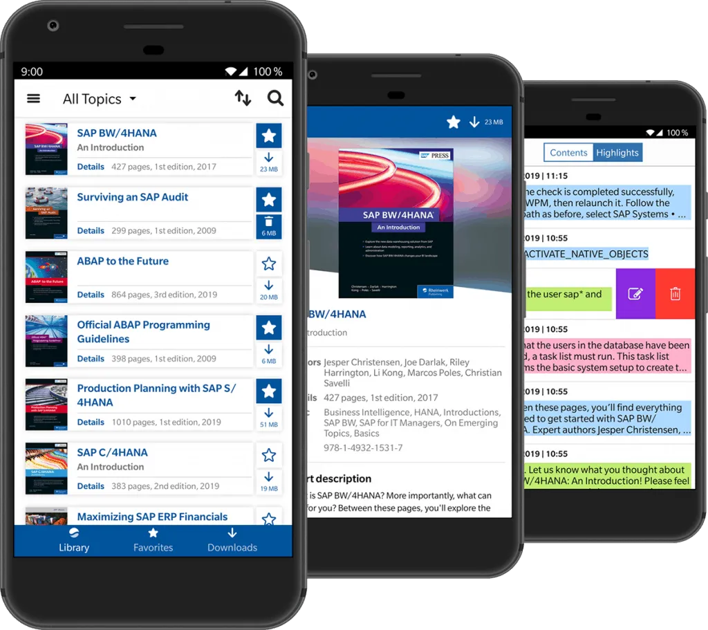 Three Android views: a book list with favourites, title details with description, and the collection of highlighted passages
