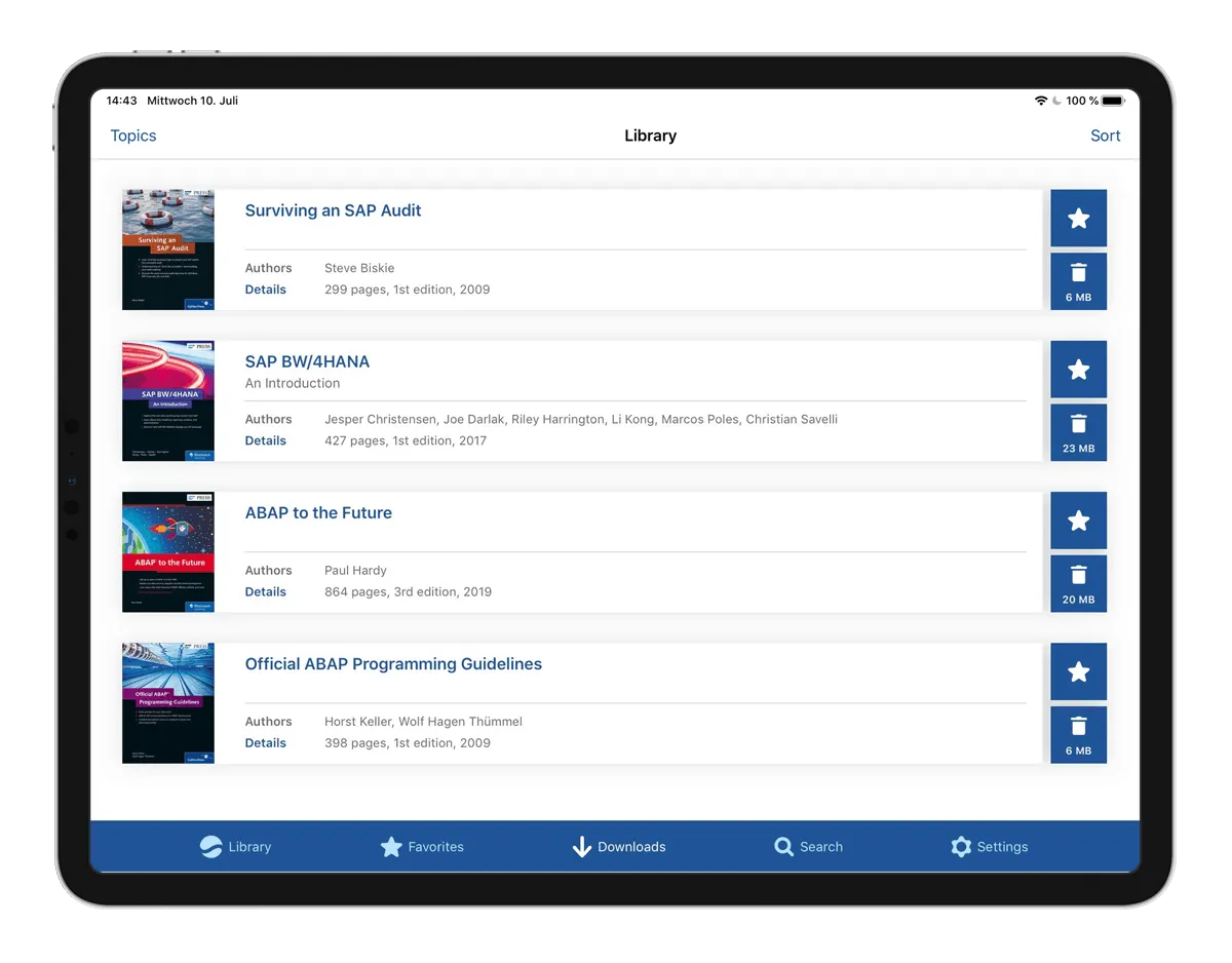 Tablet showing the app library: SAP reference books with authors, edition and download size