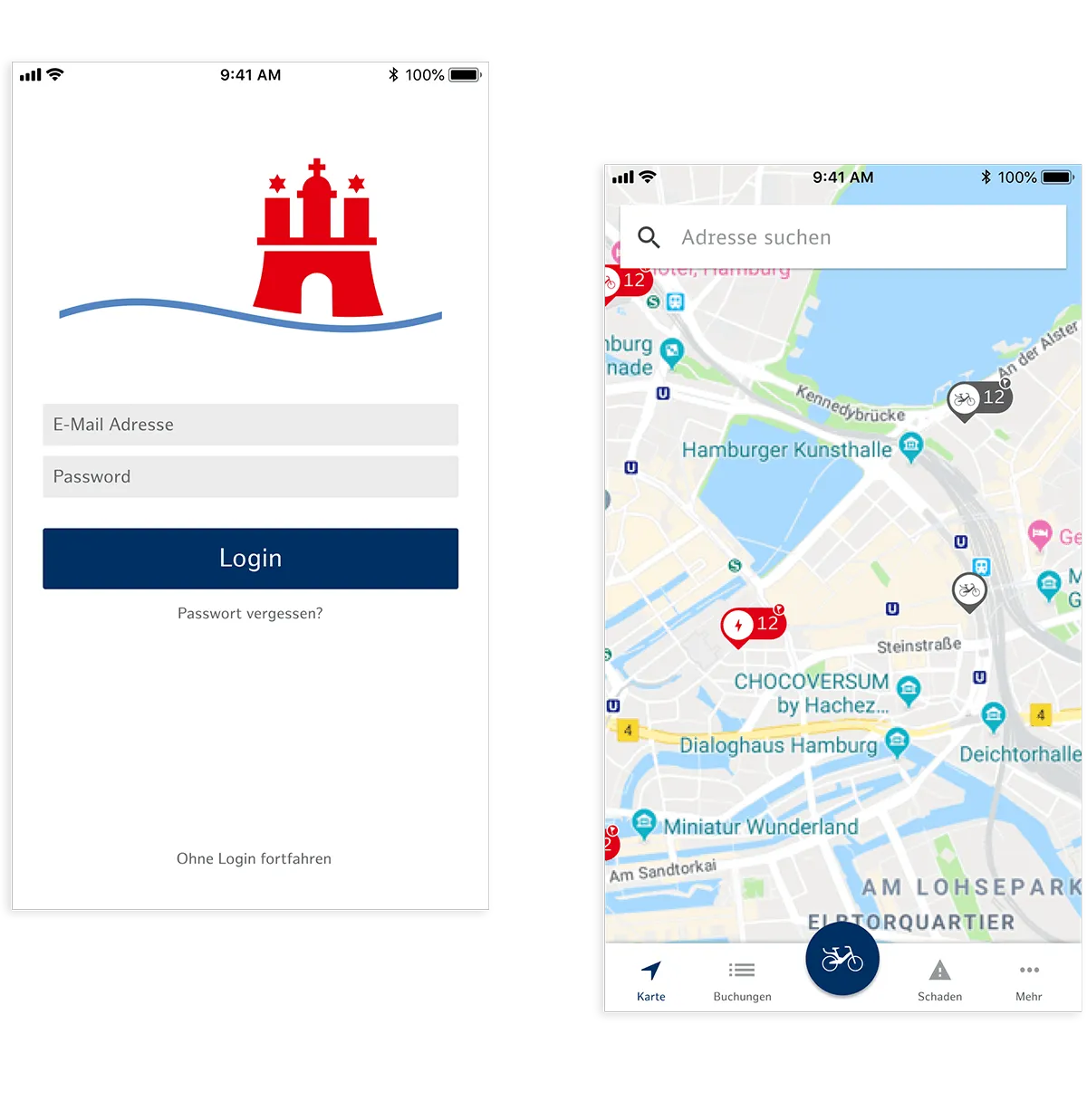 Zwei App-Ansichten: Anmeldung mit Hamburg-Wappen sowie die Karte der Hamburger Innenstadt mit Stationen und freien Rädern
