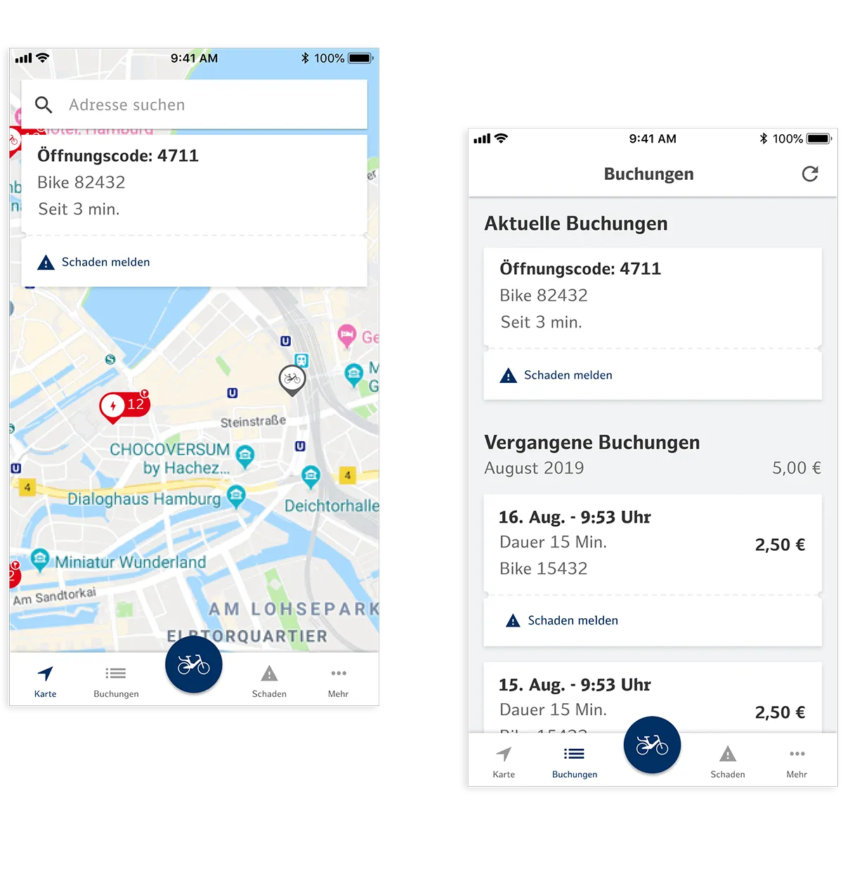 Zwei App-Ansichten: Karte mit laufender Ausleihe samt Öffnungscode sowie die Buchungsliste mit Dauer und Preis je Fahrt