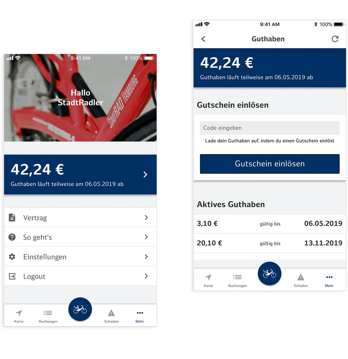 Zwei App-Ansichten: Kontobereich mit Guthaben und Vertragsdaten sowie das Einlösen eines Gutscheincodes