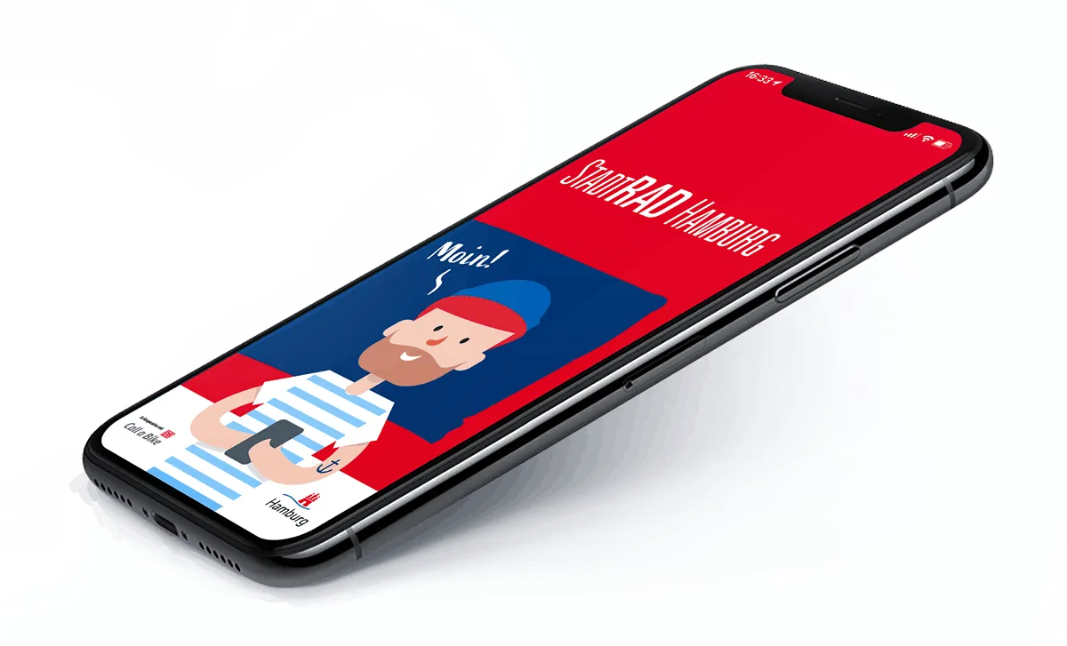 Liegendes Smartphone mit dem StadtRAD-Hamburg-Startbildschirm und einer gezeichneten Figur mit „Moin!“
