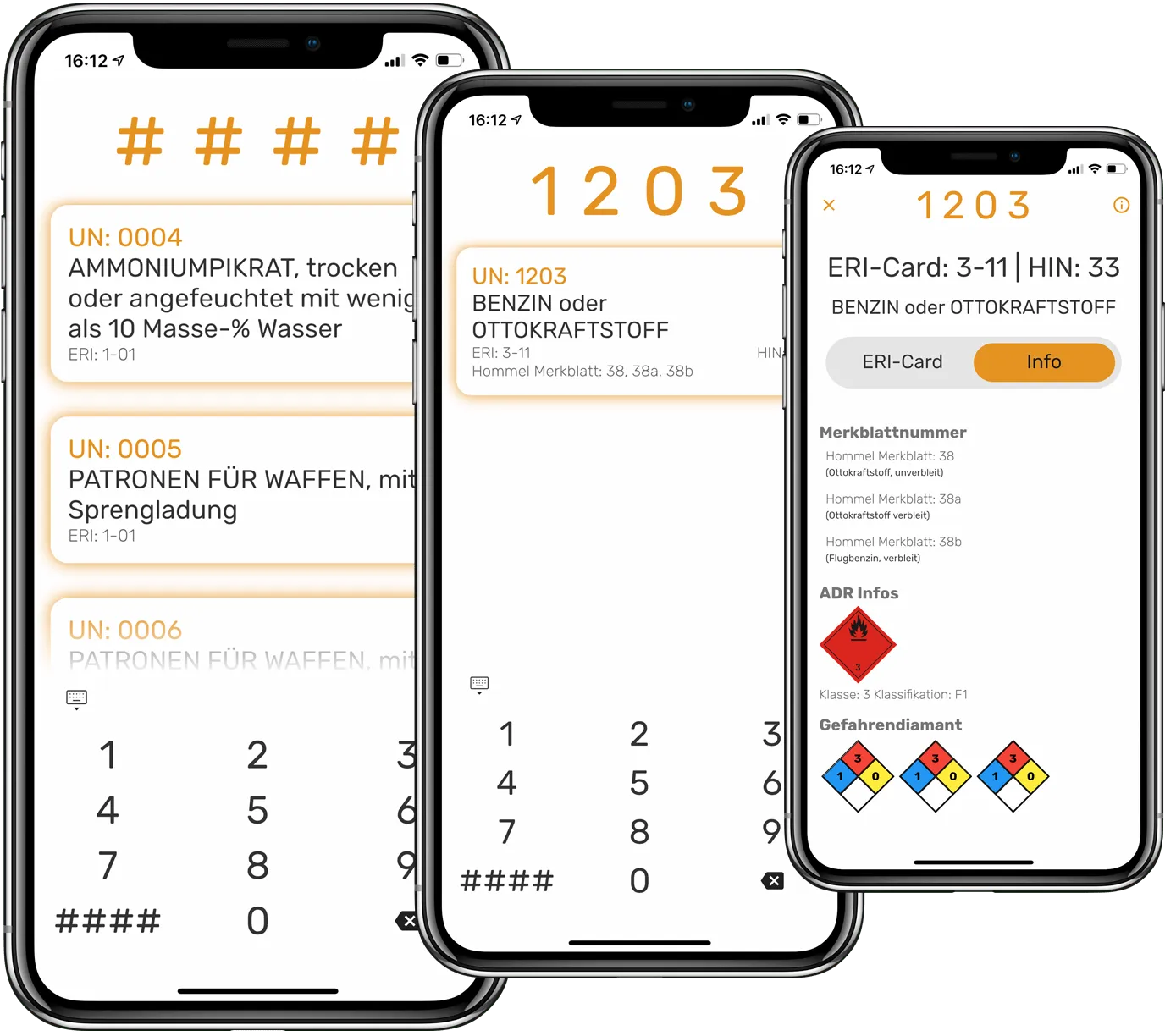 Three app views: numeric entry with a hit list, the substance found with its data-sheet numbers, and the detail page with hazard placards