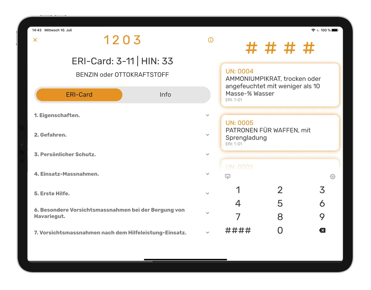 Tablet in split view: the ERI card for UN number 1203 on the left, the numeric search on the right