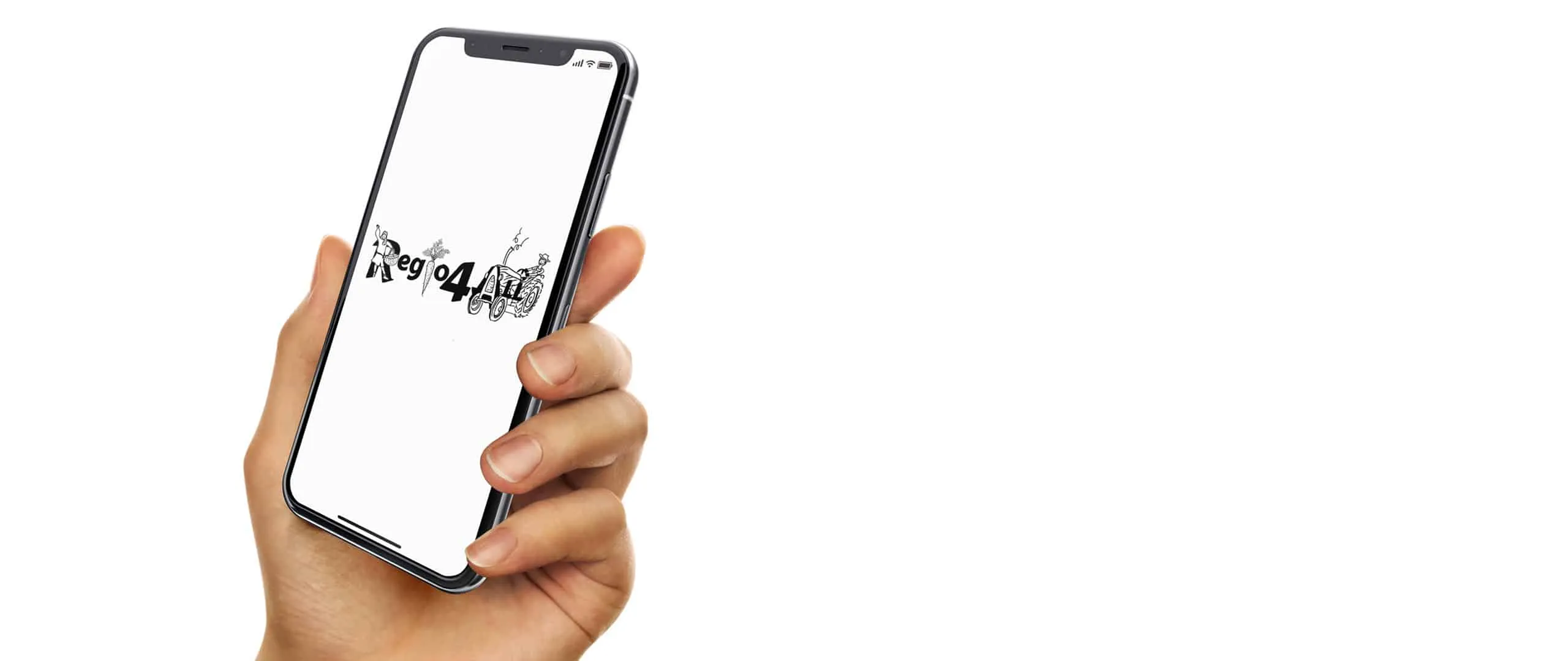 A hand holds a phone showing the hand-drawn Regio4All logo on the start screen